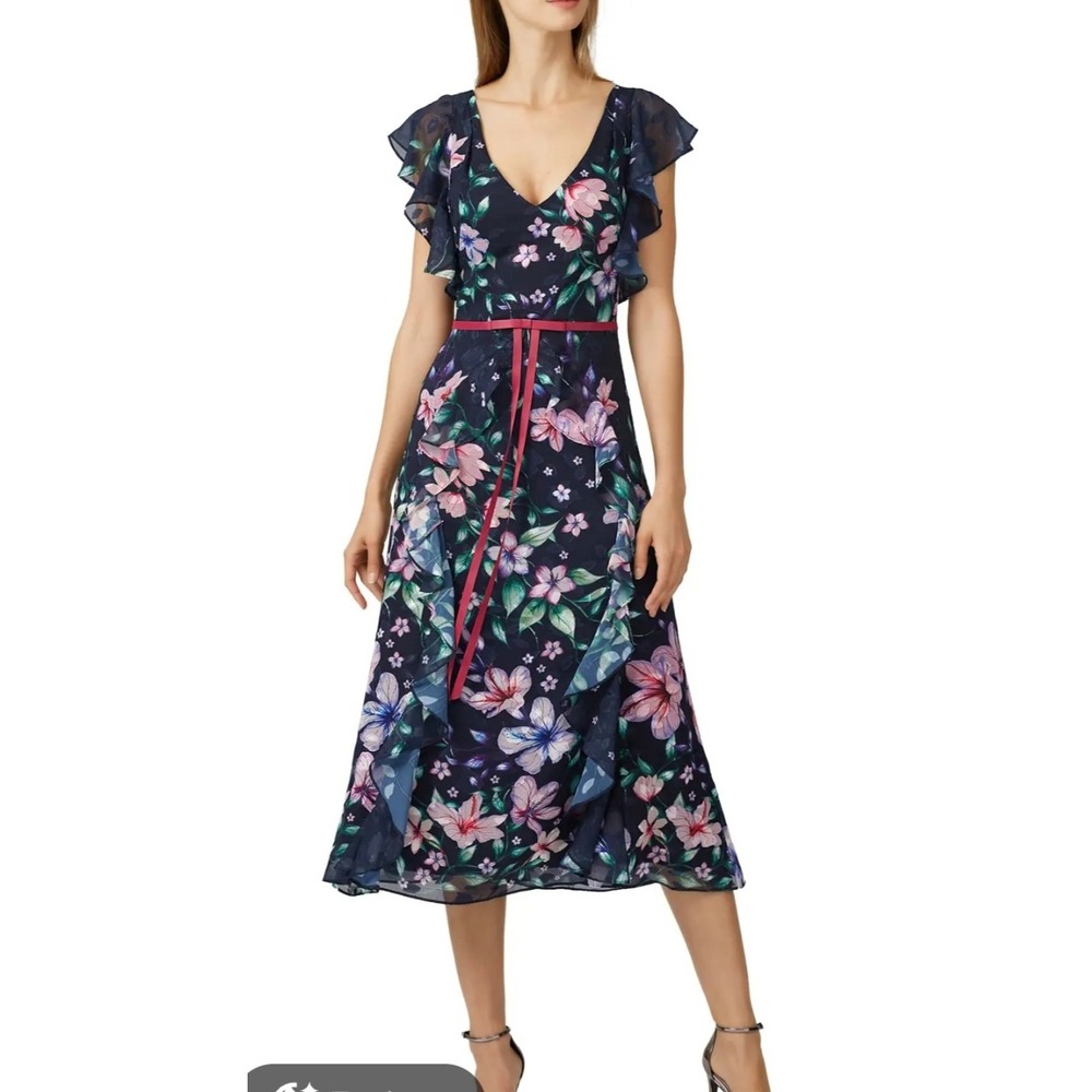 Marchesa Notte Navy Floral Ruffle Flutter Sleeve Midi Dress Size 2